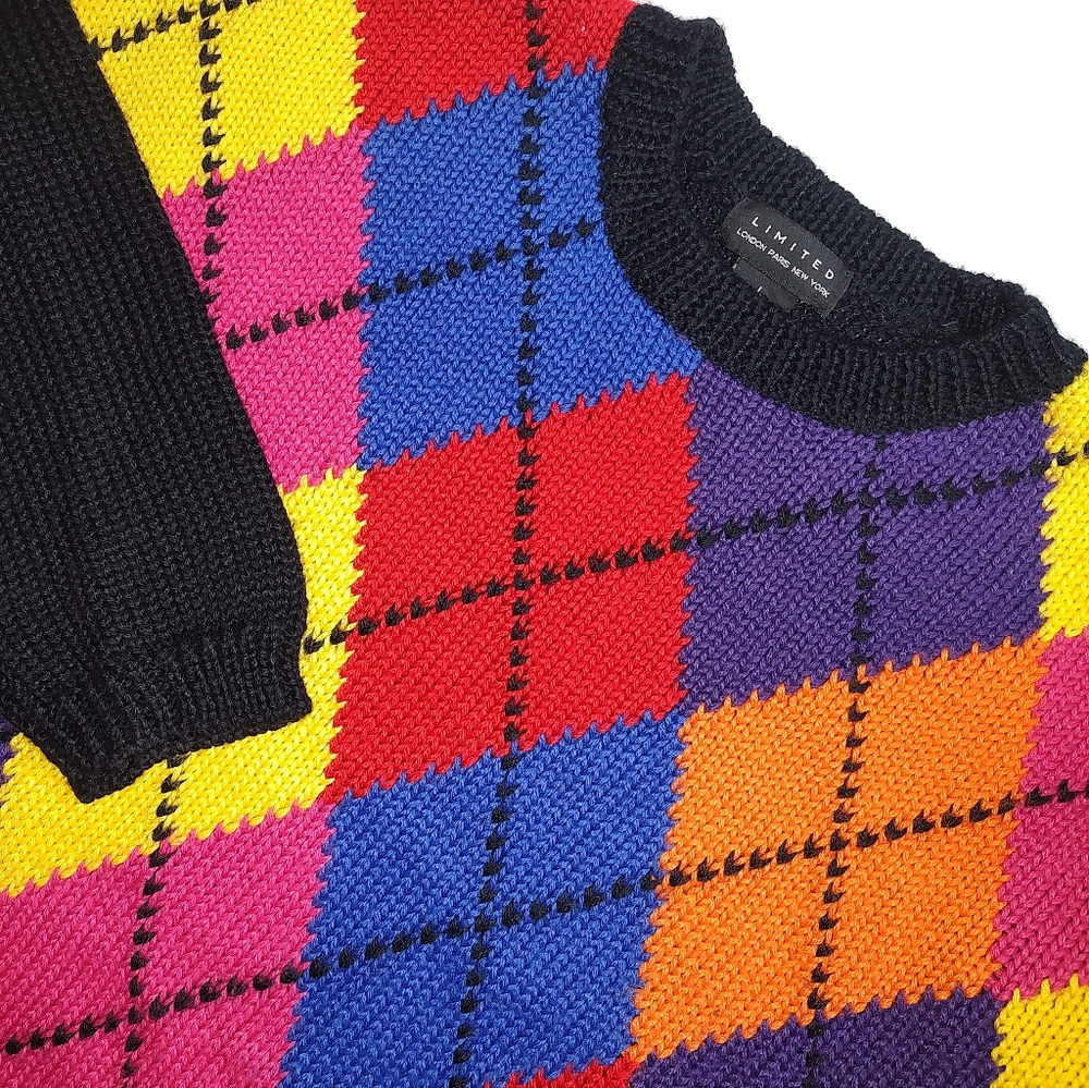 Vintage Limited Sweater Pullover Argyle Black Orange Blue Pink Oversized Wool L